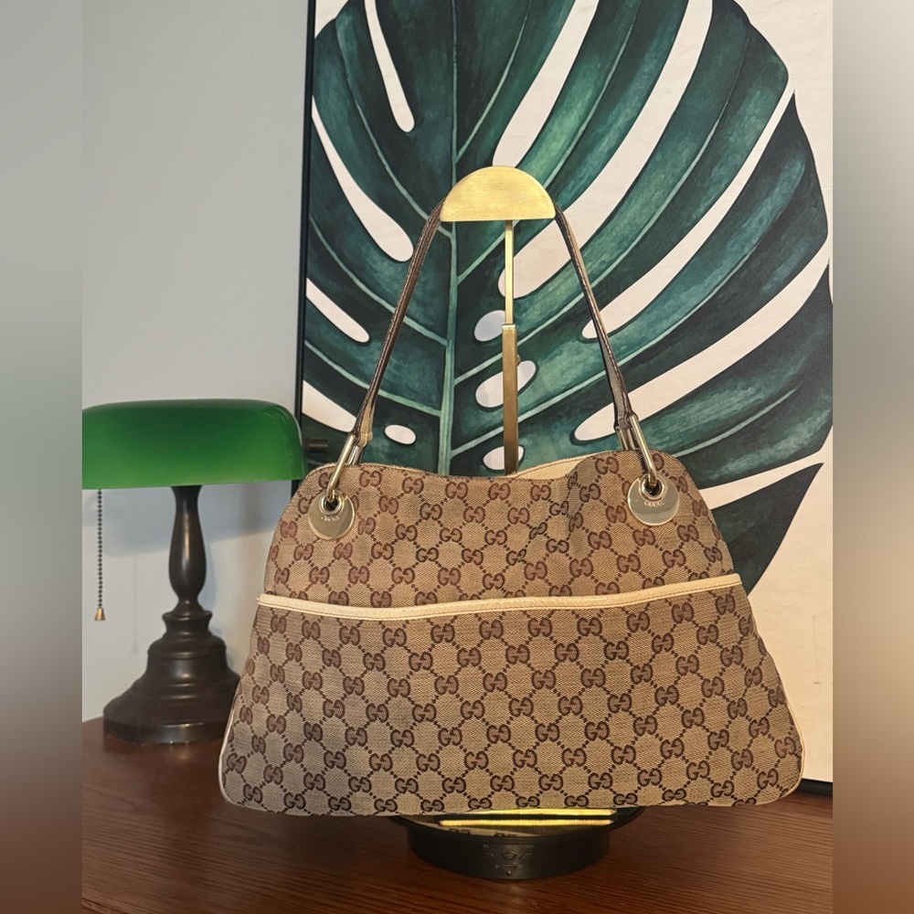 Gucci Eclipse Canvas and Cream Leather Bag with COA